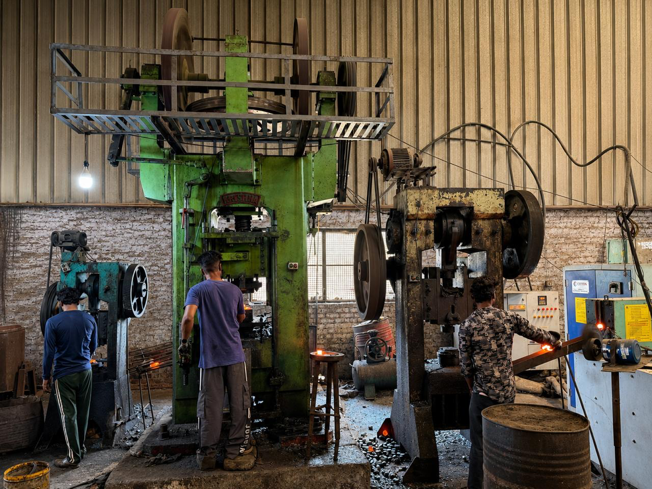 Friction press in operation on the Kanwar Engineers forging floor