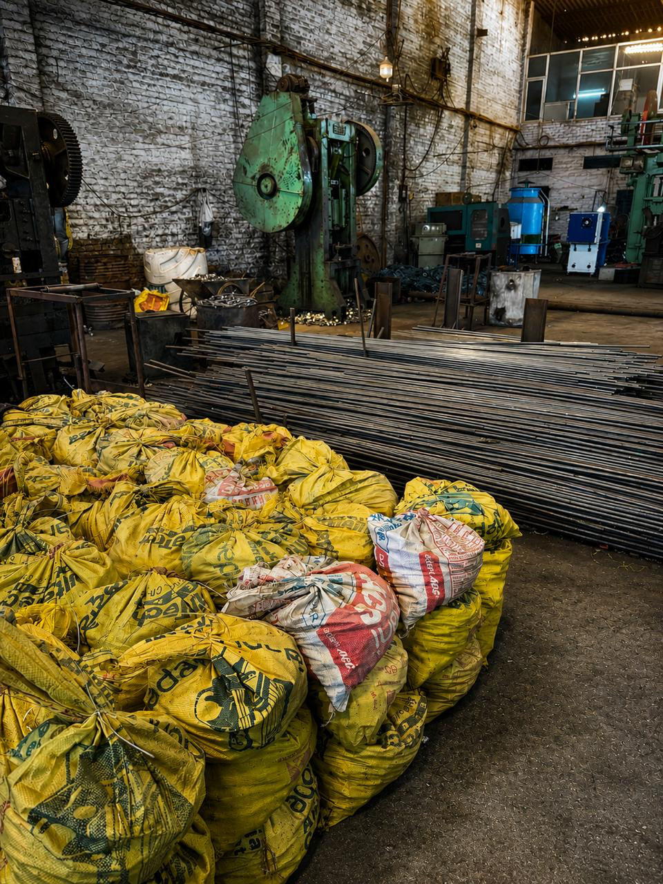 Raw material bay with round bar stock and packed components